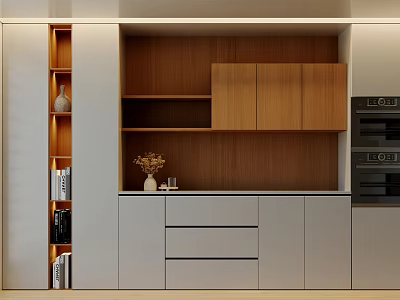 Modern Interior Wooden Sideboard With Grey Drawers Open Shelves And Decorations 3d model
