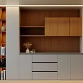 Modern Interior Wooden Sideboard With Grey Drawers Open Shelves And Decorations