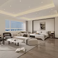 Modern Hotel Guest Room With Large Windows City View Comfortable Bed Sofa And Coffee Table