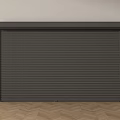 Gray Roller Shutter With Ribbed Design In Minimalist Room With Wooden Floor
