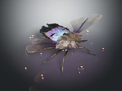 Colorful Insect With Transparent Iridescent Wings And Complex Body Structure Surrounded By Red Light Spots 3d model