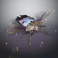 Colorful Insect With Transparent Iridescent Wings And Complex Body Structure Surrounded By Red Light Spots