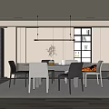 Modern Restaurant Interior With Dining Table Chairs Pendant Lights White Cabinets And Fireplace