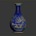 Blue Vase Sculpture Carving With Dragon Patterns Golden Decorations And Double Handles