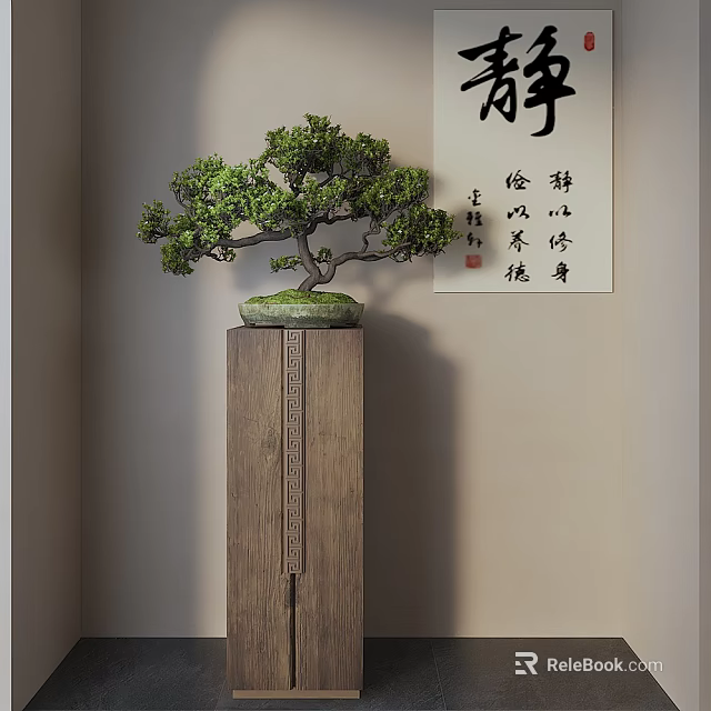 Traditional Bonsai Plant With Green Foliage On Wooden Stand And Chinese Calligraphy 3d model 