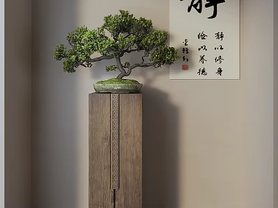 Traditional Bonsai Plant With Green Foliage On Wooden Stand And Chinese Calligraphy 3d model