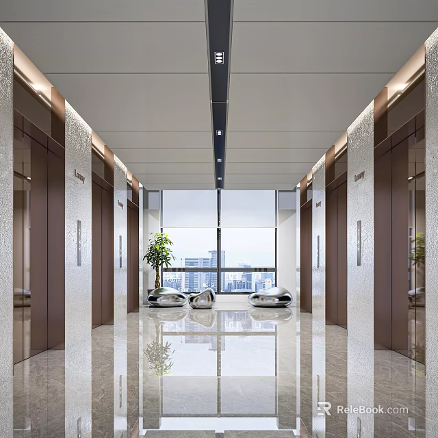 Modern Elevator Lobby With City View Plants And Seating 3d model