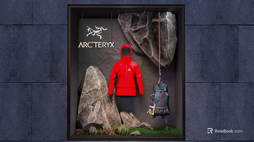 ARCTERYX Outdoor Themed Window Display With Red Jacket Backpack Rocks And Rope 3d model 