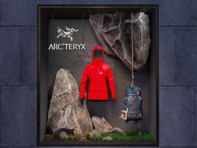 ARCTERYX Outdoor Themed Window Display With Red Jacket Backpack Rocks And Rope 3d model