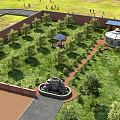 Bird's Eye View Plan of Walled Green Space with Trees Building and Circular Structure