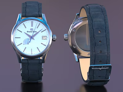 Henry Jacques Wristwatch Front And Back View With White Dial Date Display Dark Leather Strap 3d model