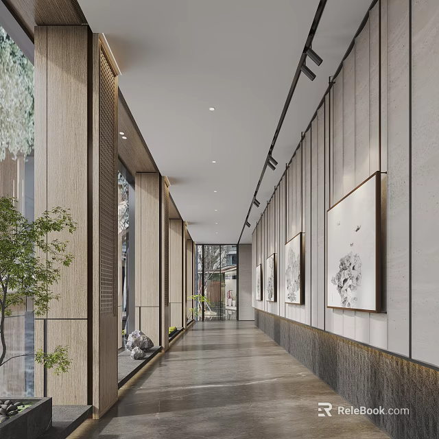 Modern Elevator Hallway With Wall Artworks Green Plants And Ceiling Lighting 3d model 