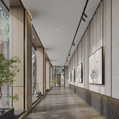 Modern Elevator Hallway With Wall Artworks Green Plants And Ceiling Lighting 3d model