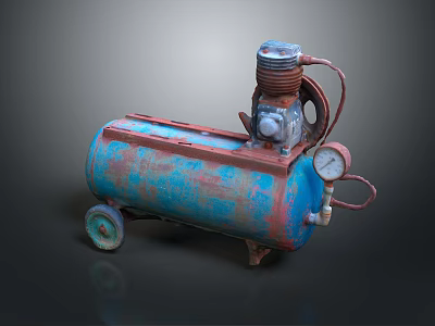 Rusty Blue And Red Air Compressor With Wheels Pressure Gauge And Pipes 3d model