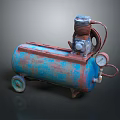 Rusty Blue And Red Air Compressor With Wheels Pressure Gauge And Pipes