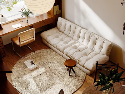 Elegant Apartment Living Room With Tufted Sofa Round Woven Rug And Pendant Light 3d model