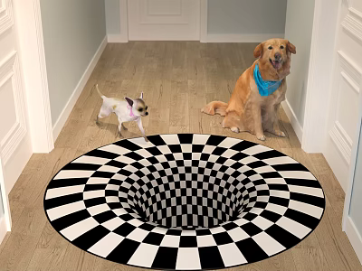 Black And White Checkered 3D Illusion Circular Rug With Two Dogs In Wooden Floor Hallway 3d model