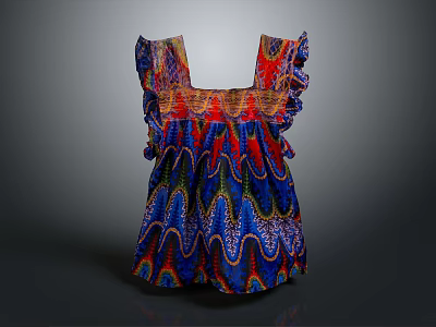 Vibrant Women's Dress with Square Neckline Ruffled Sleeves and Colorful Wave Pattern 3d model