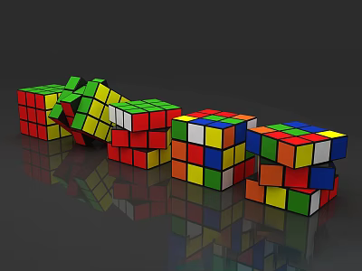 Colorful Rubik's Cubes In Stacked And Scattered Positions On Reflective Surface 3d model