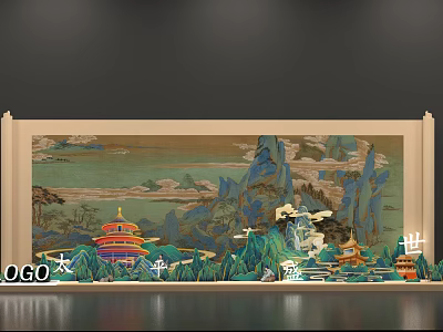 Traditional Chinese Landscape Art With Ancient Pavilions And Peace Theme Elements 3d model