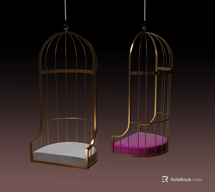 Pair of Cage Shaped Hanging Chairs With Metal Frame And Gray Pink Cushions 3d model 