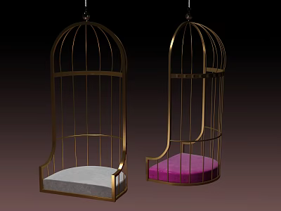 Pair of Cage Shaped Hanging Chairs With Metal Frame And Gray Pink Cushions 3d model