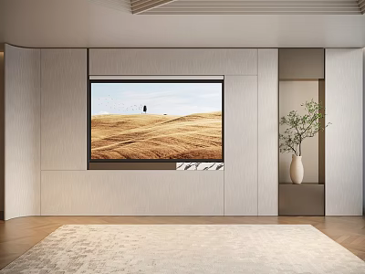 Modern Living Room TV Wall Design With Flat Screen TV Potted Plant And Area Rug 3d model
