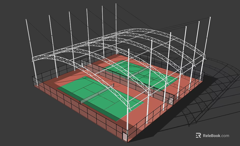 Outdoor Sports Fitness Facility With Two Green Courts Steel Frame Structure And Red Surface 3d model 