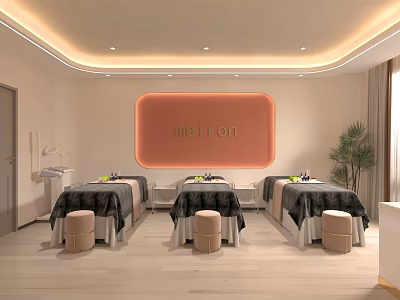 Modern Beauty Salon Interior With Treatment Beds Stools Metron Sign And Warm Lighting 3d model