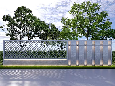 Modern Building Exterior Wall With Decorative Lattice Lighting Green Trees And Grass 3d model