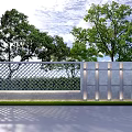 Modern Building Exterior Wall With Decorative Lattice Lighting Green Trees And Grass