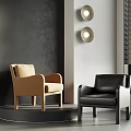 Modern Interior Featuring Beige And Black Leather Armchairs With Grey Wall Round Lights And Blinds