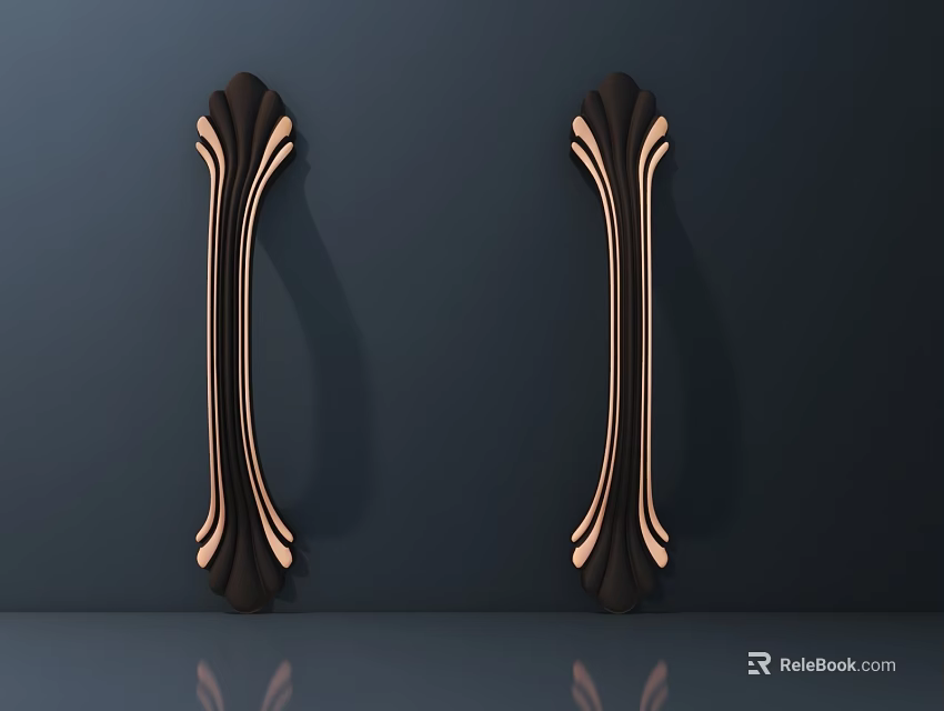 Pair Of Dark Brown Curved Handles With Golden Accent Lines For Cabinets 3d model 