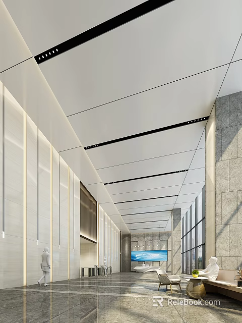 Modern Front Desk Reception Interior Design With Elegant Lighting And Marble Counter 3d model 