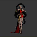 Woman In Traditional Red And Black Costume With Snake Ornaments Standing On Stone Floor