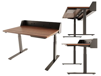 Height Adjustable Functional Desk Featuring Wooden Top And Metal Frame Design 3d model