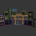 Wooden Speakers In Various Colors With Hammer And Shelf