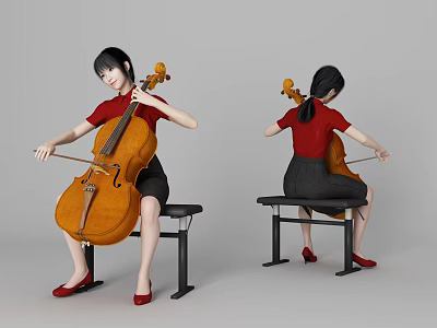 Woman Playing Cello in Red Top and Black Skirt on Bench 3d model