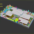 Cartoon Resort Scene With Colorful Buildings Swimming Pool Green Lawn And Palm Trees