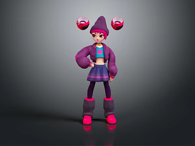 3D Game Character with Pink Hair Purple Hat Red Balls Purple Coat and Pink Boots 3d model