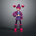3D Game Character with Pink Hair Purple Hat Red Balls Purple Coat and Pink Boots
