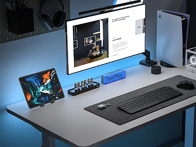 Modern Work Desk Setup With Monitor Tablet Keyboard Mouse Headphones And Blue Lighting 3d model