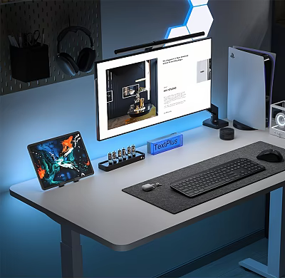 Modern Work Desk Setup With Monitor Tablet Keyboard Mouse Headphones And Blue Lighting 3d model