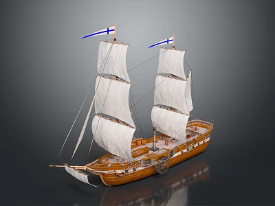 Classic Wooden Sailing Ship With White Sails And Twin Masts On Gray Backdrop 3d model