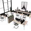 Modern Office Workspace With Desks Computers Chairs Plants And Eiffel Tower Art 3d model