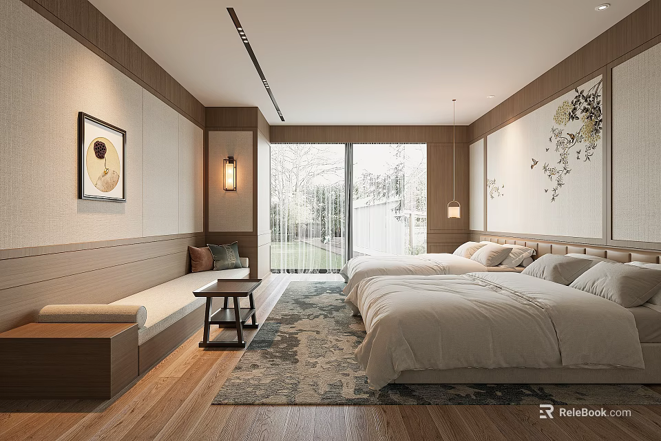 Elegant Hotel Guest Room with Wooden Decor Twin Beds Floral Painting and Garden View Window 3d model 