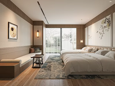 Elegant Hotel Guest Room with Wooden Decor Twin Beds Floral Painting and Garden View Window 3d model