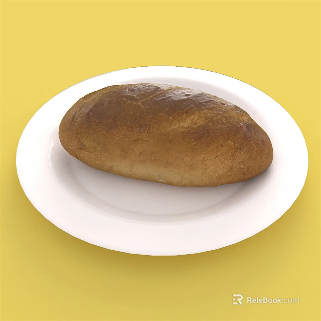Fresh Golden Brown Bread Loaf On White Plate With Yellow Background 3d model 