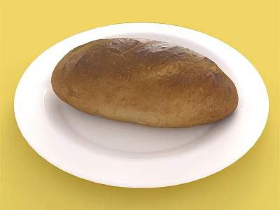 Fresh Golden Brown Bread Loaf On White Plate With Yellow Background 3d model