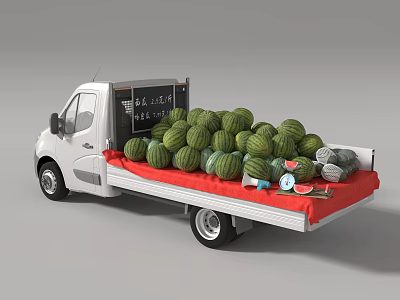 White Cargo Truck Loaded With Fresh Watermelons On Red Covered Flatbed 3d model